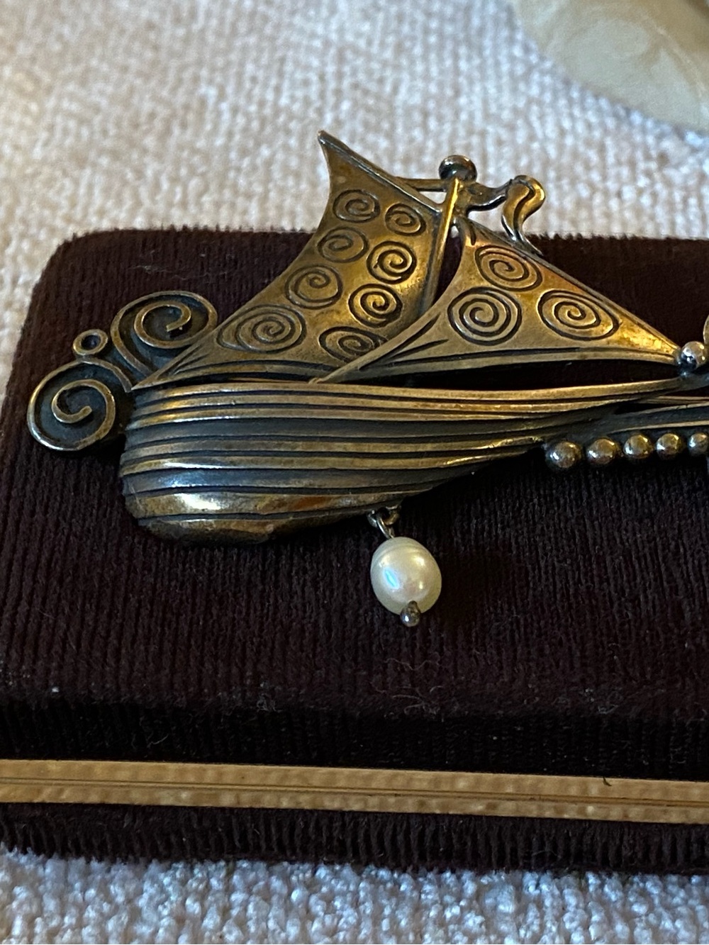 Collector's piece. Vintage boat brooch, marked/signed, with pearl accent.